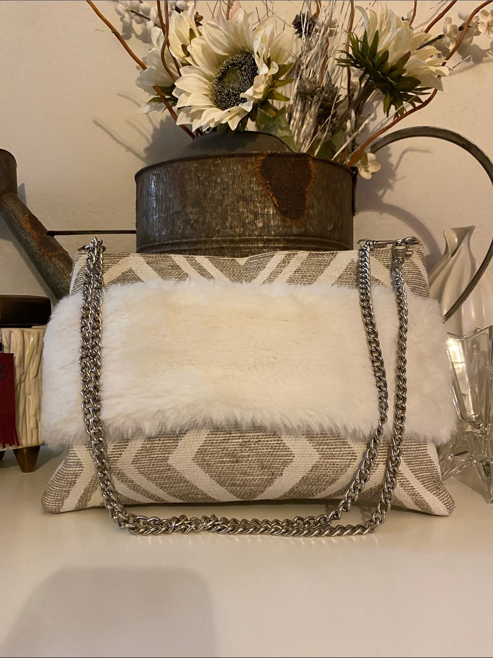 America and Beyond With White Faux Fur Crossbody with adjustable Chain Strap